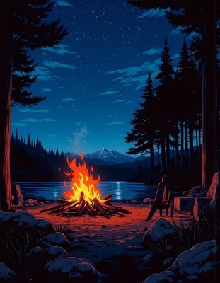 Camping around a cozy campfire under starry night sky