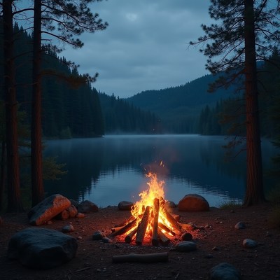 Campfire by the tranquil lake at dusk