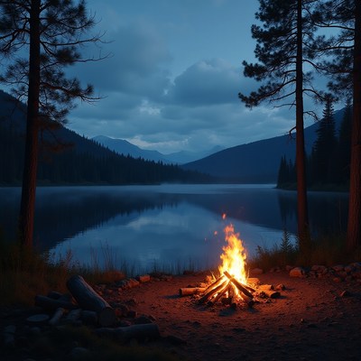 Campfire on a tranquil lake at dusk with mountains nearby