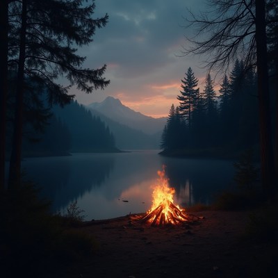 Campfire by the lake at dusk in the mountains