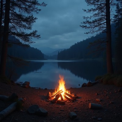 Campfire glow by the serene lakeside at dusk