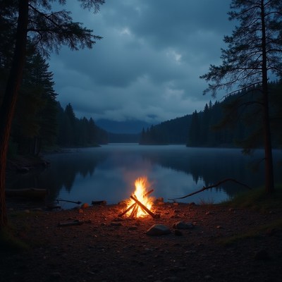 Campfire by a tranquil lake under cloudy night sky
