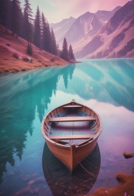 Serene wooden boat floating on calm turquoise lake