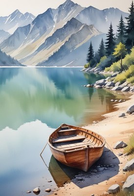 Serene boat on tranquil lake against mountain backdrop