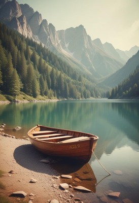 Serene boat resting by tranquil mountain lake at dawn