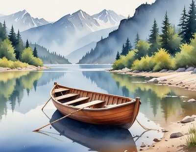 Calm river landscape with a wooden boat and mountains