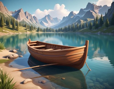 Calm wooden boat at the mountain lake during daylight