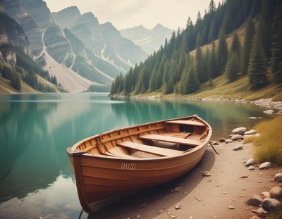 Scenic view of a wooden boat by a tranquil lake
