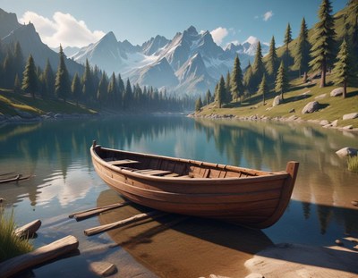 Tranquil boat on calm lake in mountain setting
