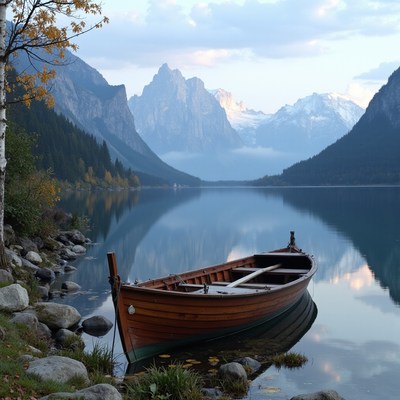 Relaxing boat on tranquil lake surrounded by mountains