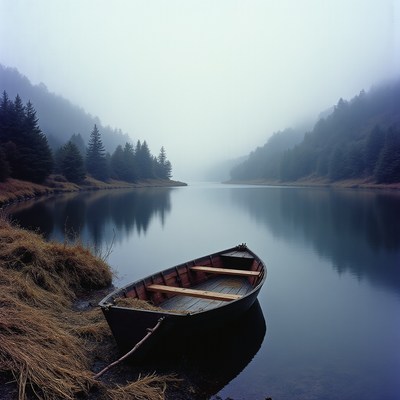 Misty calm lake with a boat in a serene landscape