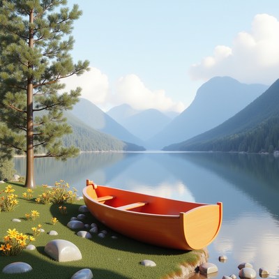 Serene lake with a canoe and mountains in the background