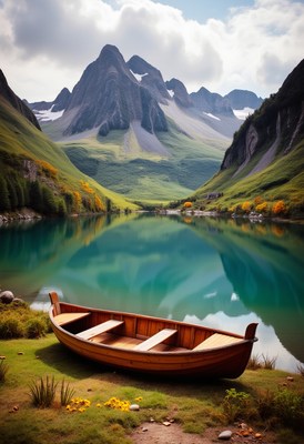 Serene lake with a wooden boat and majestic mountains