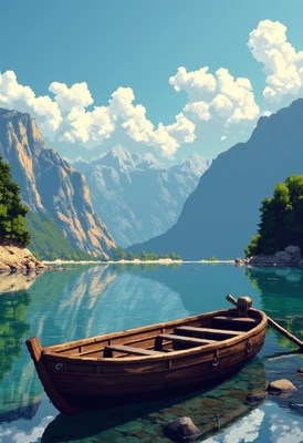 Calm boat on peaceful water, framed by mountains