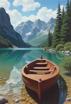 Serene boat on a tranquil lake surrounded by mountains