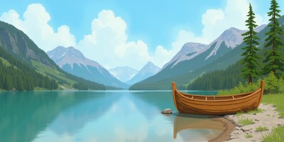 Serene lake with a wooden boat on a sunny day