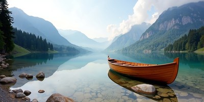 Wooden boat rests peacefully on calm lake at sunrise