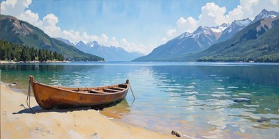 Scenic boat on the shore of a serene mountain lake