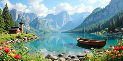 Serene lake with mountains and a boat at summer's edge