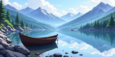 Serene lake with mountains and a wooden boat at dawn