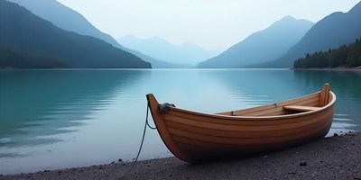 Calm wooden boat on serene lake at dawn