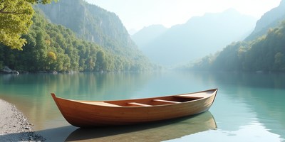 Serene wooden boat anchored in tranquil lake landscape