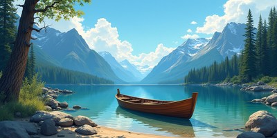 Mountain lake with a wooden boat under clear skies