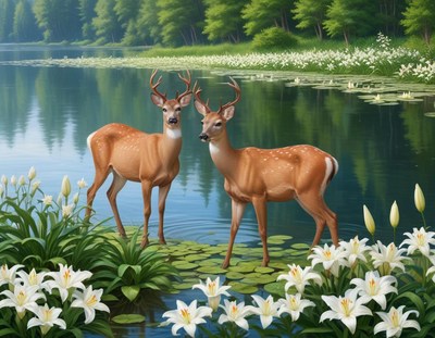 Deer in tranquil waters by a lush floral landscape