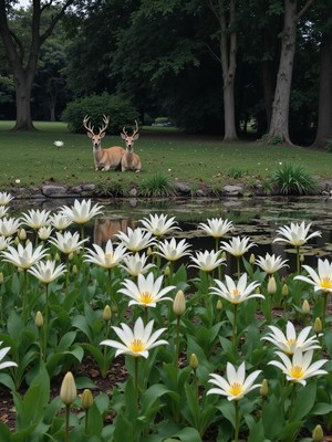 Deer resting by a pond surrounded by blooming flowers