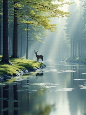 Stag standing by misty river in tranquil forest