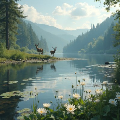 Gentle deer by the tranquil river at dawn