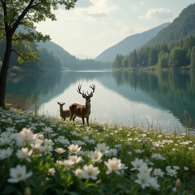 Deer grazing by a serene lake surrounded by mountains