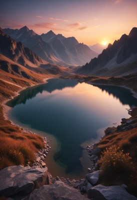 Majestic sunset over mountain lake with serene reflections
