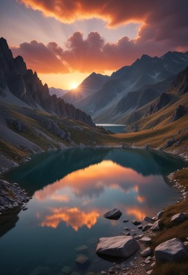 Breathtaking sunset over serene mountain lake