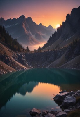 Sunset reflections over a tranquil mountain lake