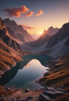 Sunrise over tranquil mountain lake in serene landscape