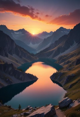 Sunrise over a serene mountain lake in the valley