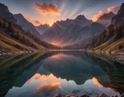 Breathtaking sunset over a serene mountain lake