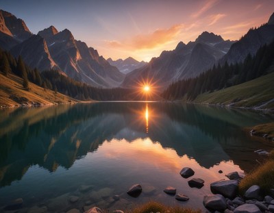 Sunset over a tranquil mountain lake reflecting peaks