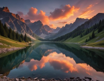 Serene mountain lake at sunset reflecting vibrant clouds