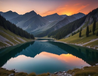 Mountain landscape reflecting on a tranquil lake at sunset