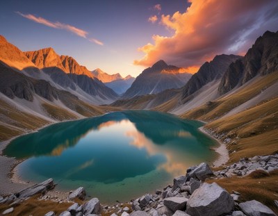 Majestic mountain lake reflects colorful sunset sky