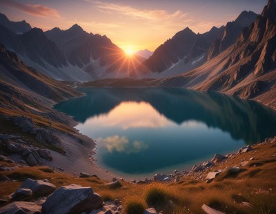 Majestic sunset over tranquil mountain lake
