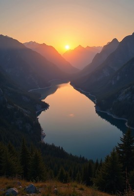 Sunset over tranquil mountain lake with reflections