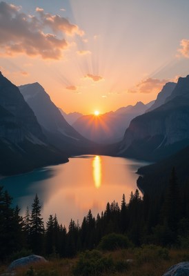 Sunset over serene lake with mountain backdrop