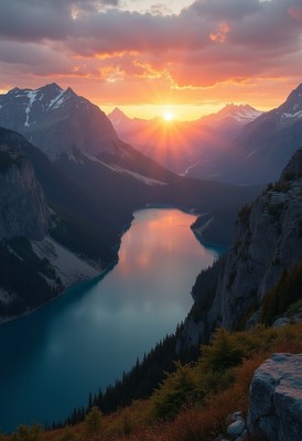 Sunset illuminating a mountain valley and lake vista