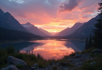 Breathtaking sunset over tranquil mountain lake landscape