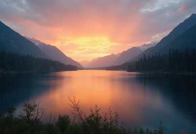 Sunset over calm lake surrounded by mountains