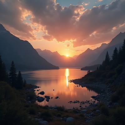 Sunset over serene lake surrounded by mountains