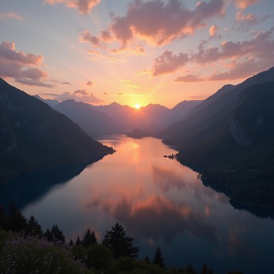 Stunning sunset over tranquil lake surrounded by mountains